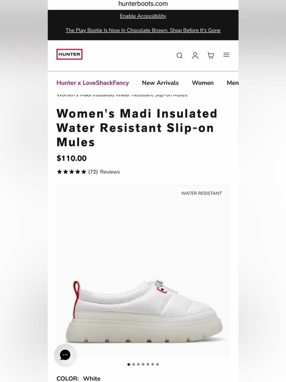 Hunter Women's Madi Insulated Water Resistant Slip-On Mules - White